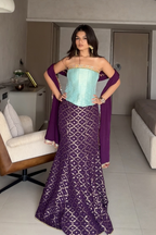 Purple Fishcut Lehenga Set with Aqua Blue Corset
