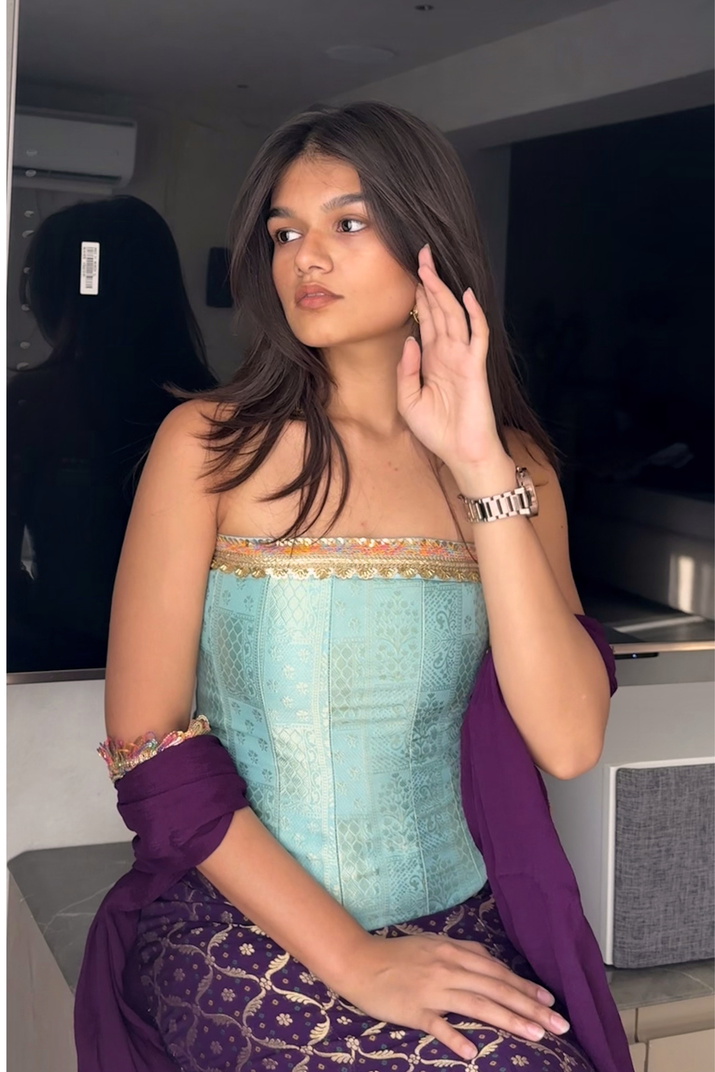 Purple Fishcut Lehenga Set with Aqua Blue Corset