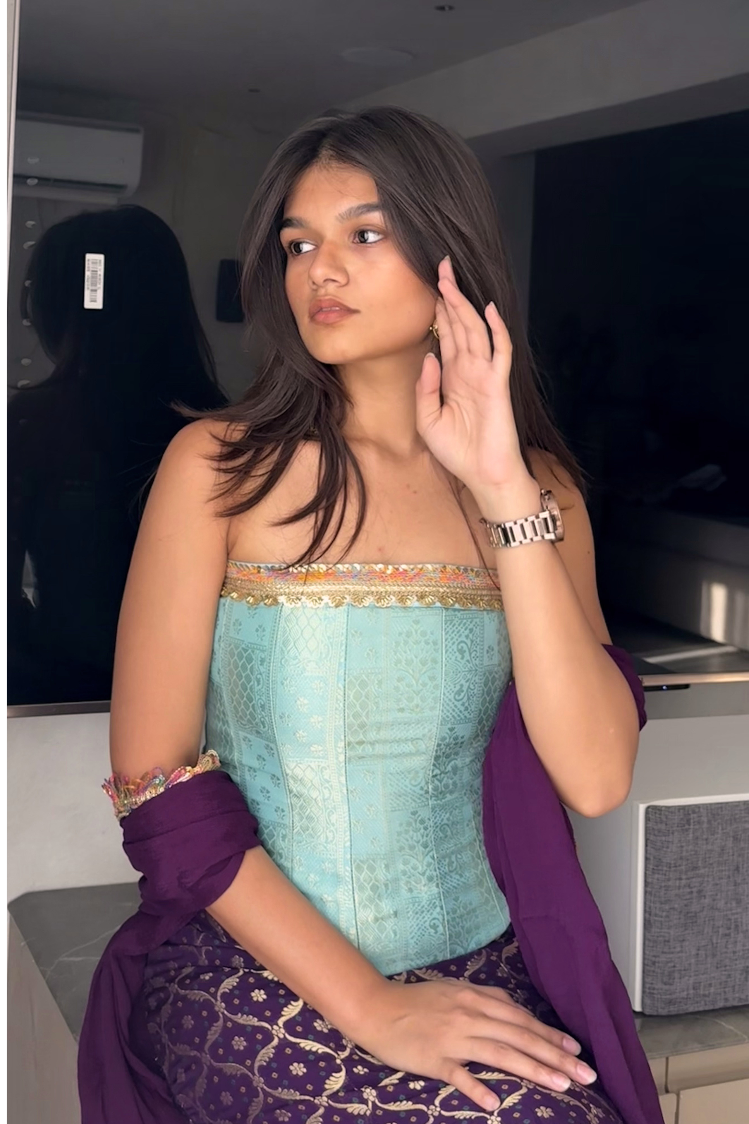 Purple Fishcut Lehenga Set with Aqua Blue Corset