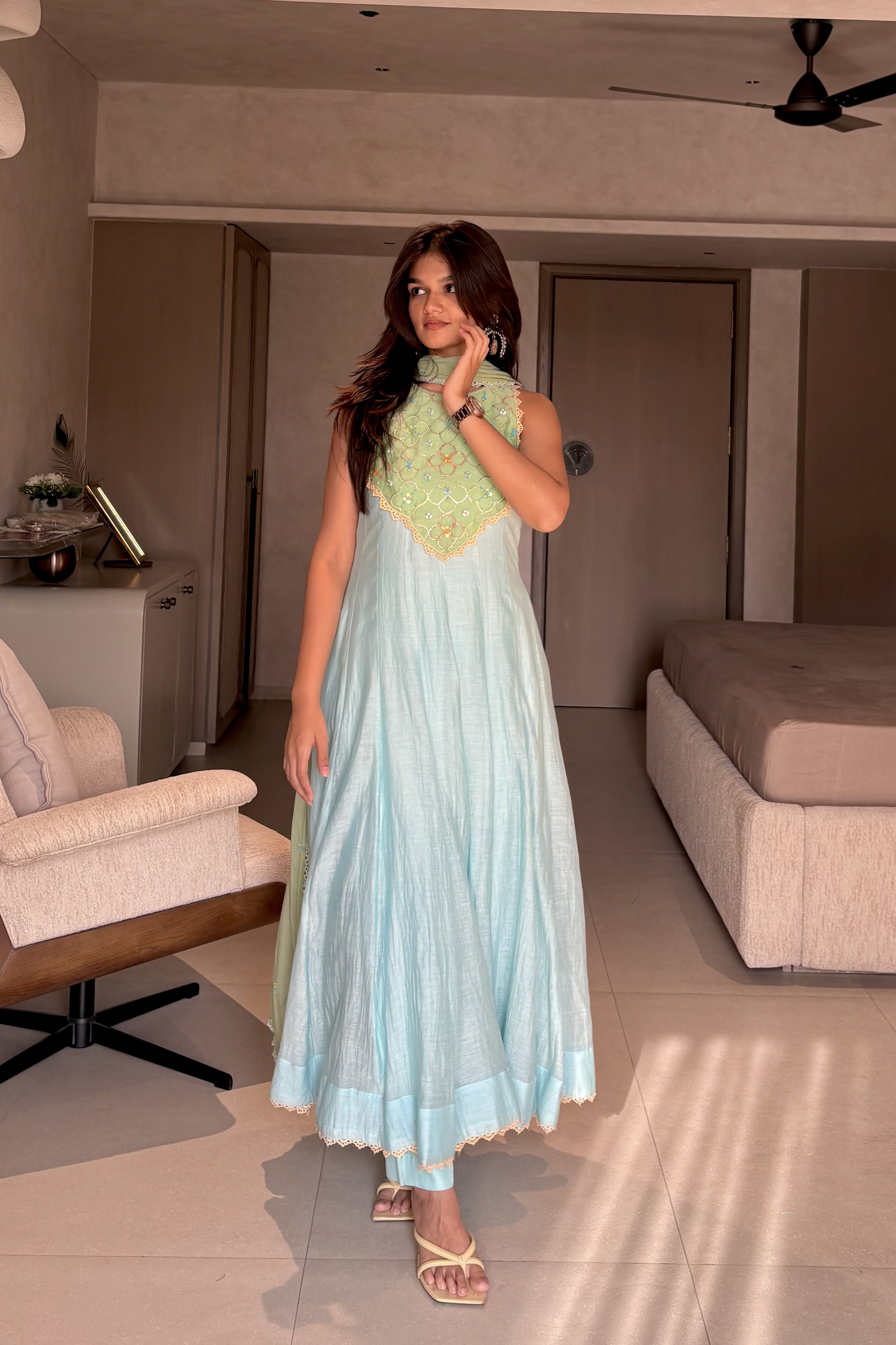 Quiet Spring - Aqua Blue Anarkali Set with Mint Green Hand Embroidered Patch