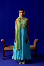 Quiet Spring - Aqua Blue Anarkali Set with Mint Green Hand Embroidered Patch