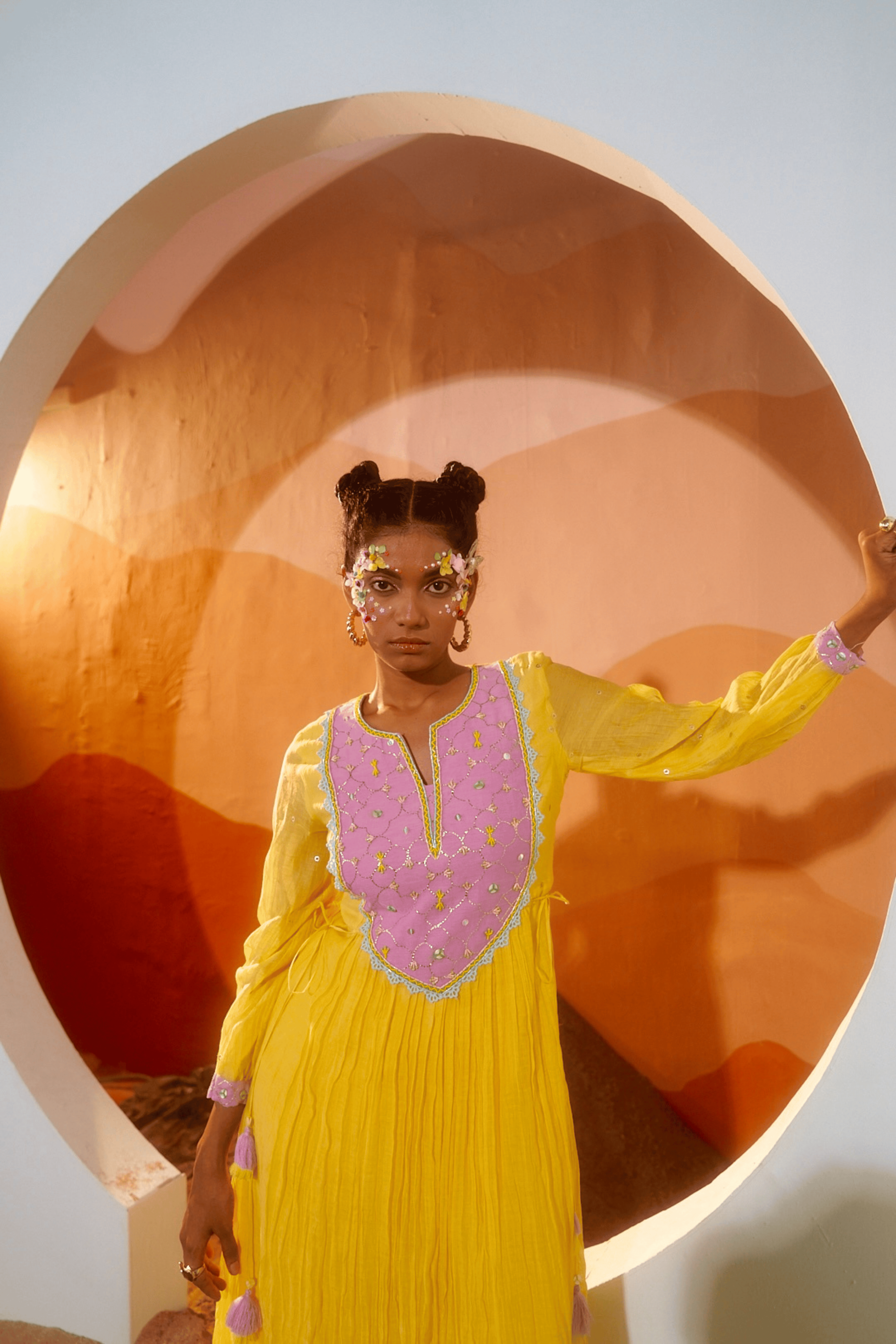 Lucid Lemonade - Lemon Yellow Anarkali Set with Blush Pink Hand Embroidered Patch