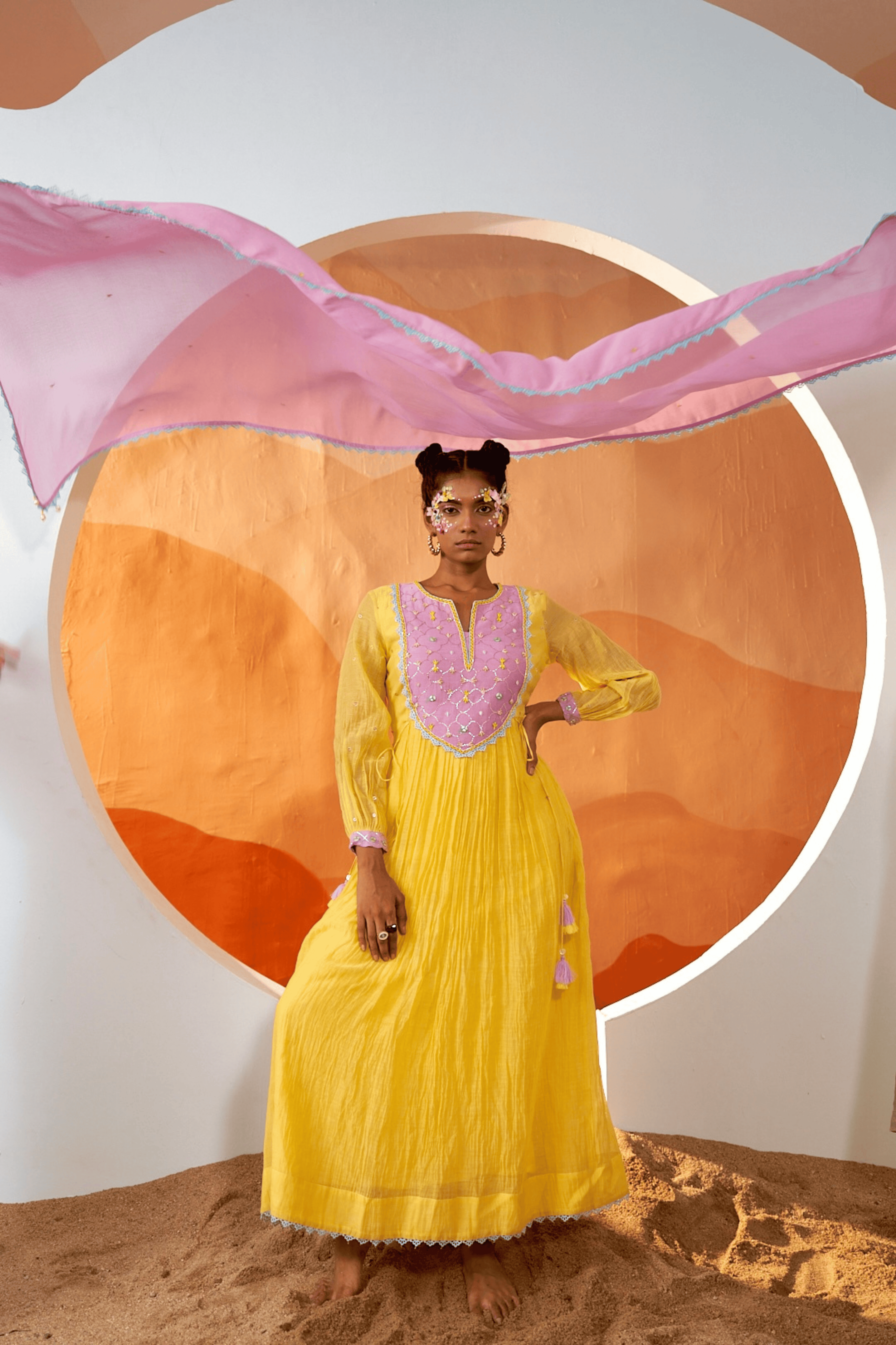 Lucid Lemonade - Lemon Yellow Anarkali Set with Blush Pink Hand Embroidered Patch