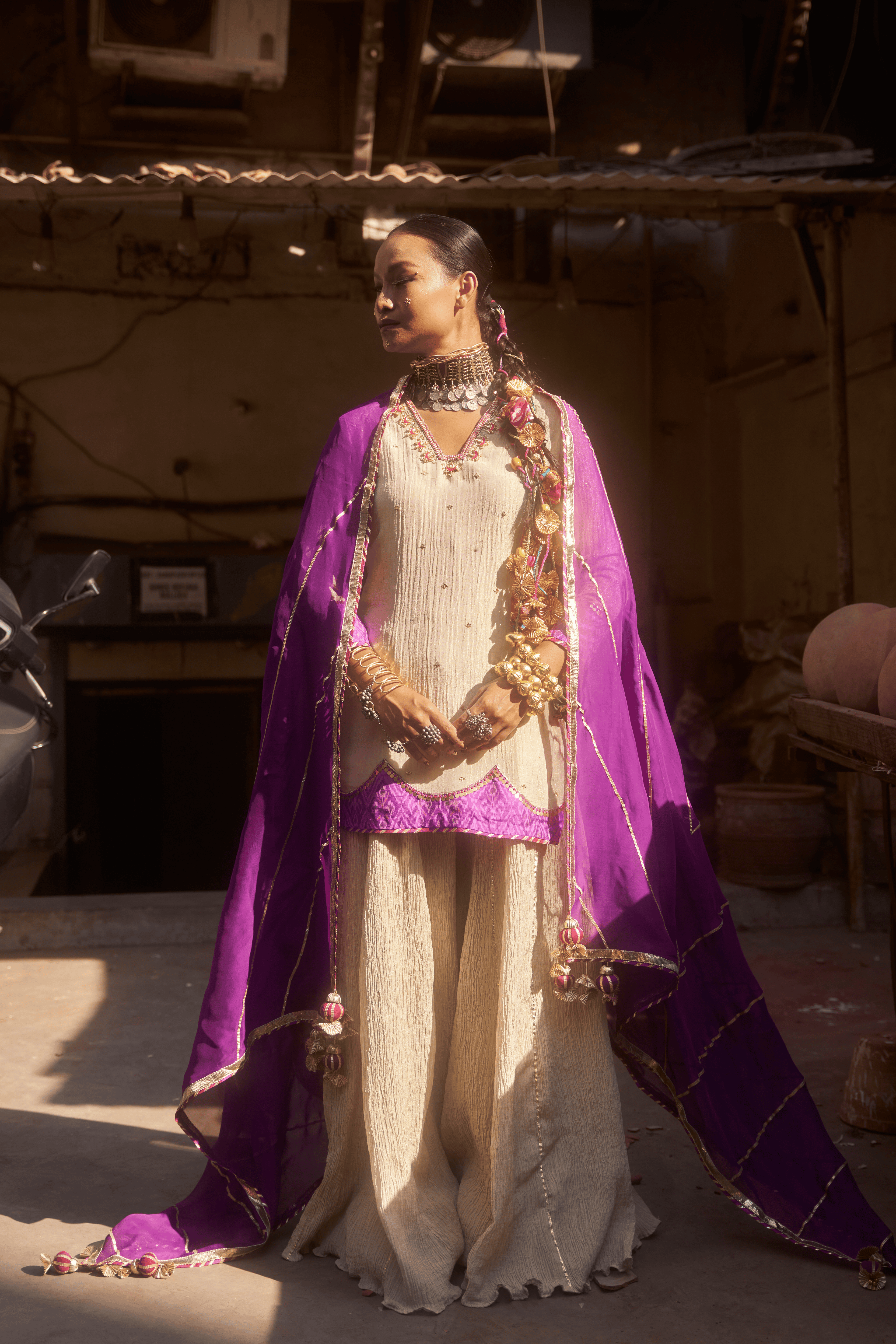 Zubaida- Light Gold Palazzo Set with Purple Hand Embroidered Ikat Scallops