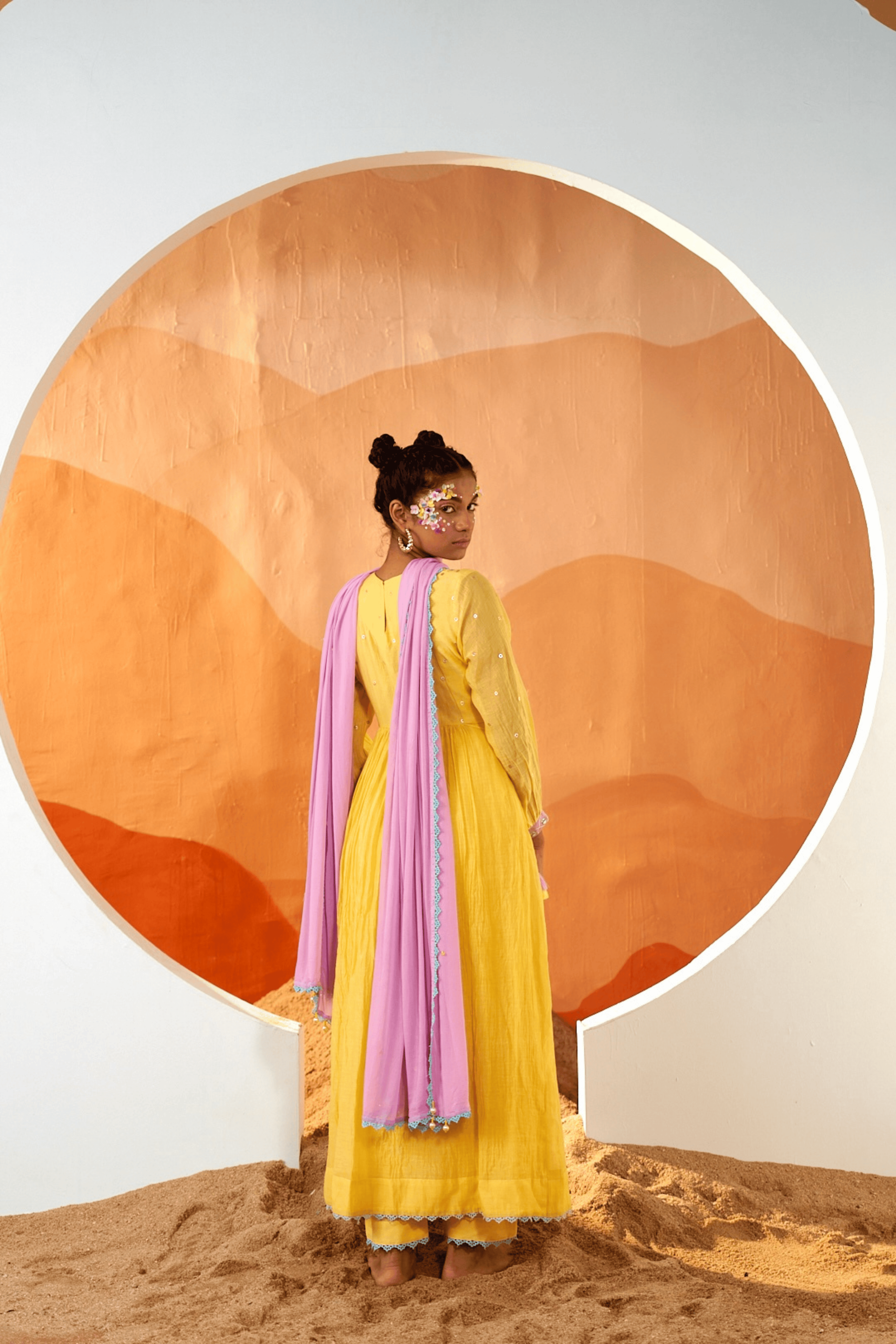 Lucid Lemonade - Lemon Yellow Anarkali Set with Blush Pink Hand Embroidered Patch