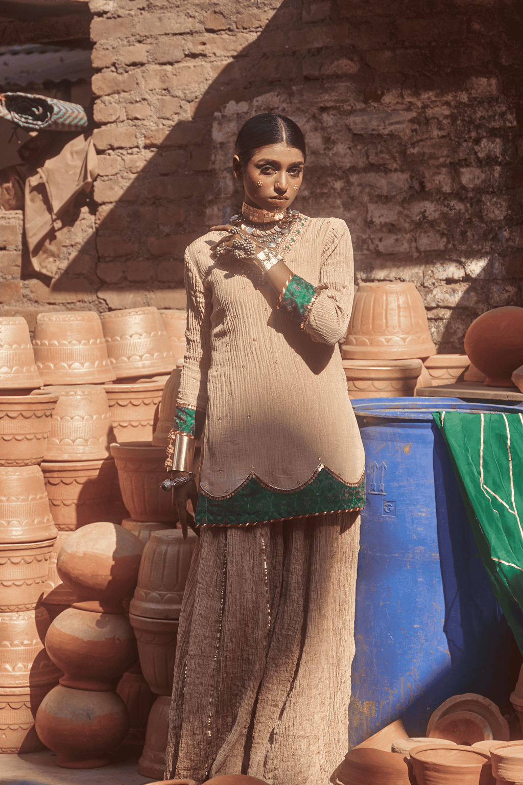 Zubaida- Light Gold Palazzo Set with Green Hand Embroidered Ikat Scallops