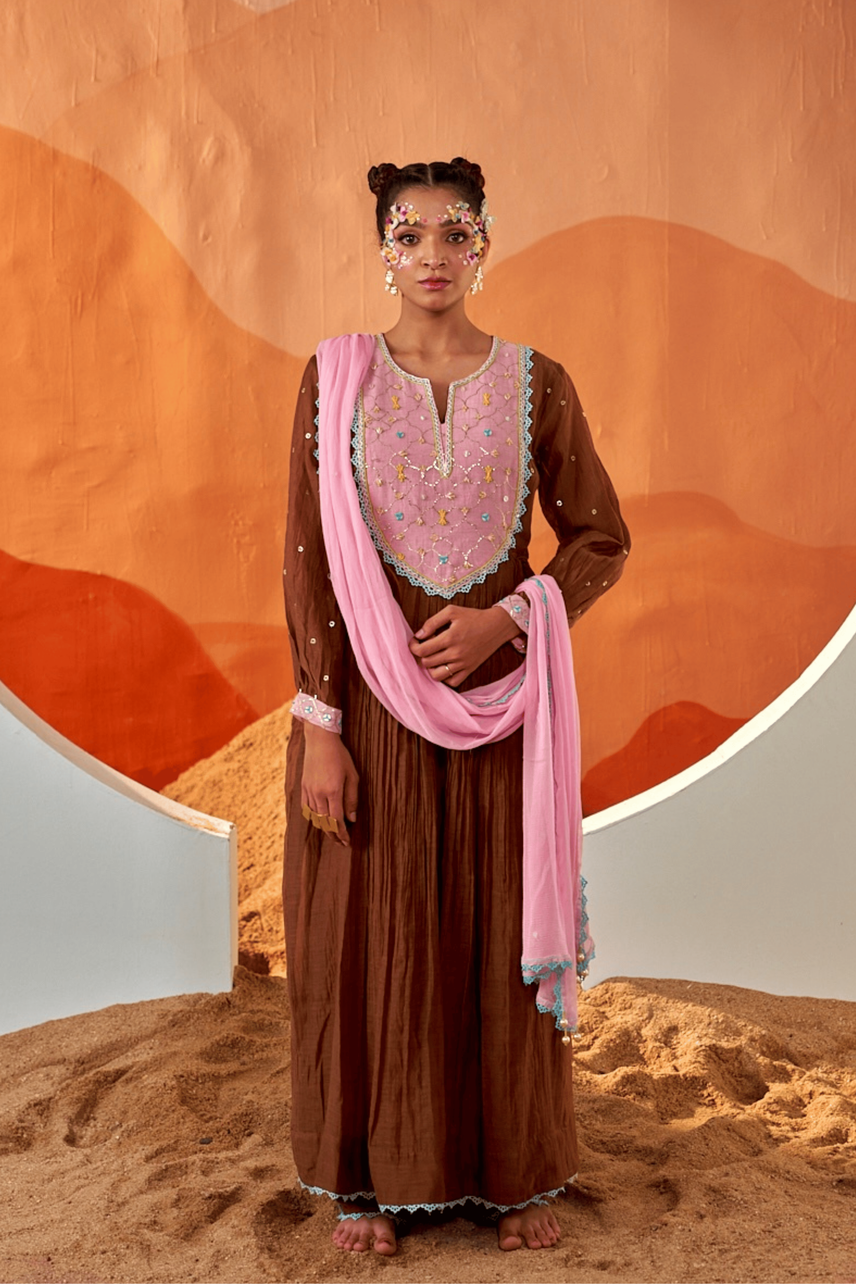 Rosewood - Brown Anarkali Set with Blush Pink Hand Embroidered Patch