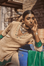 Zubaida- Light Gold Palazzo Set with Green Hand Embroidered Ikat Scallops