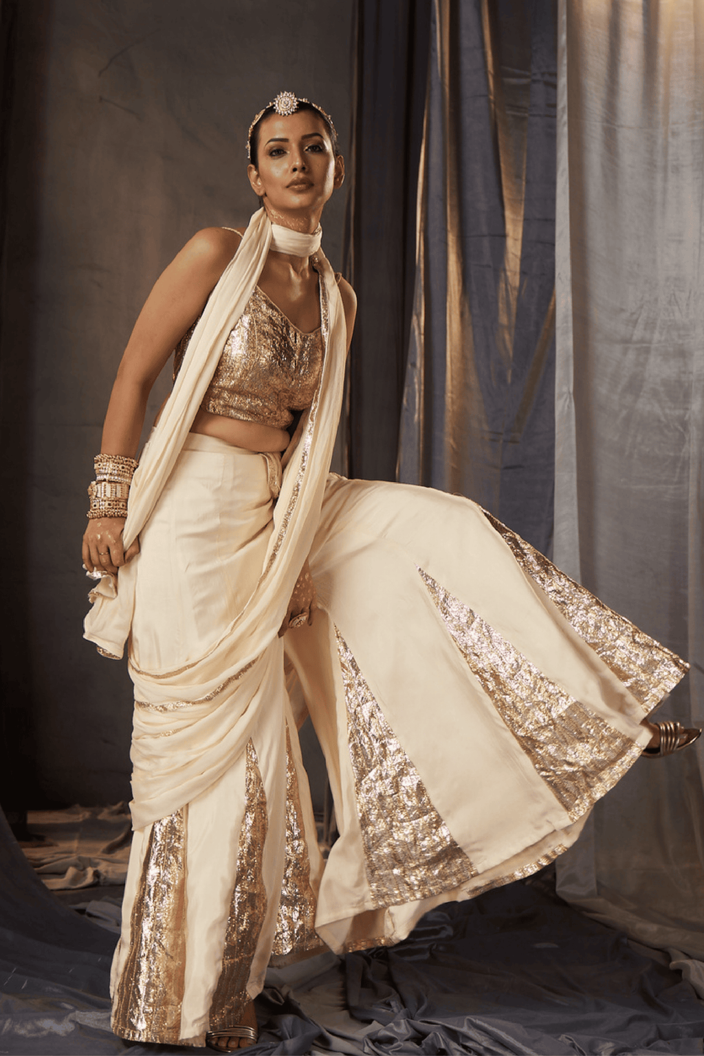 Akira - Ivory Palazzo Set with Fixed Drape and Gota Patti Detailing