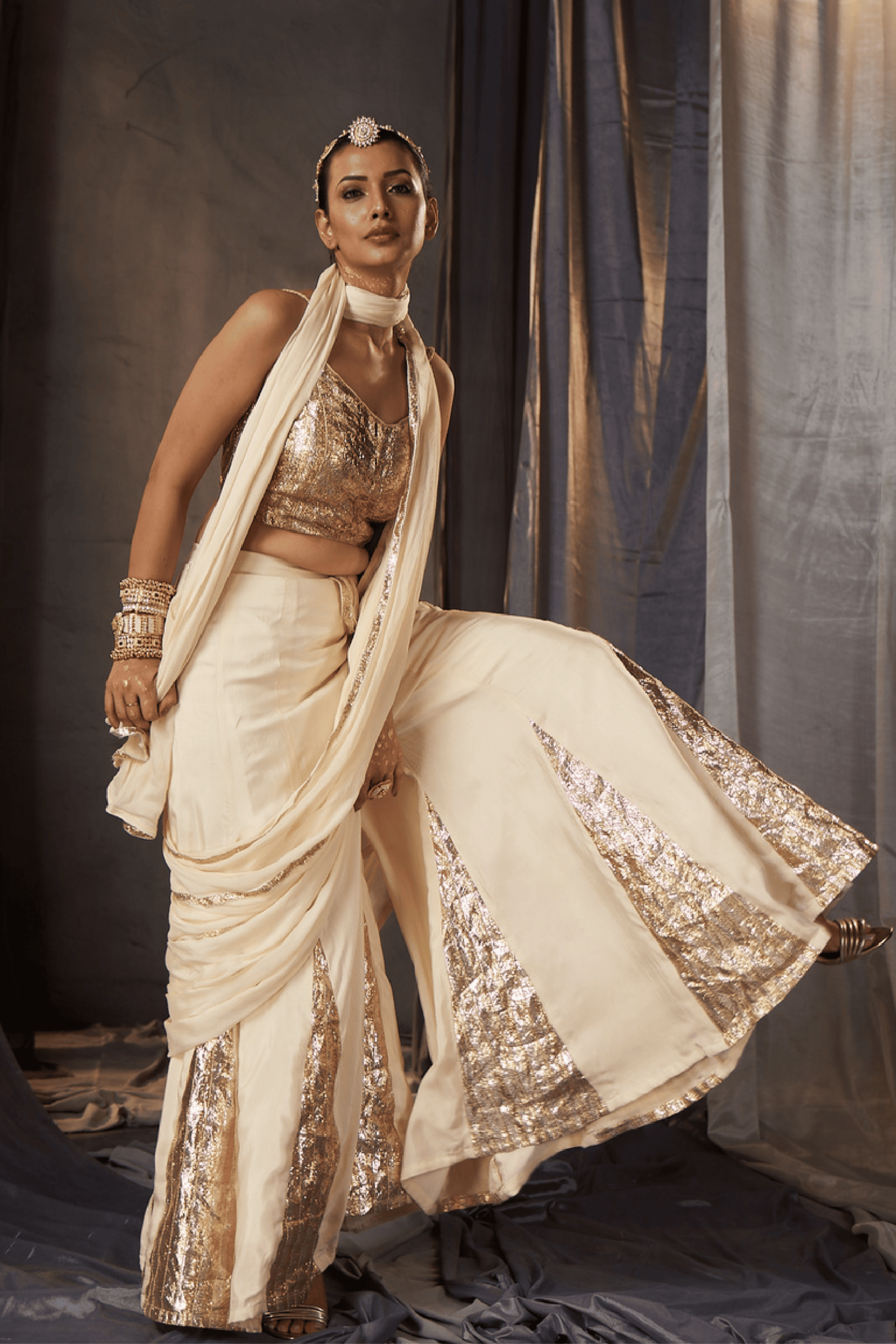 Akira - Ivory Palazzo Set with Fixed Drape and Gota Patti Detailing