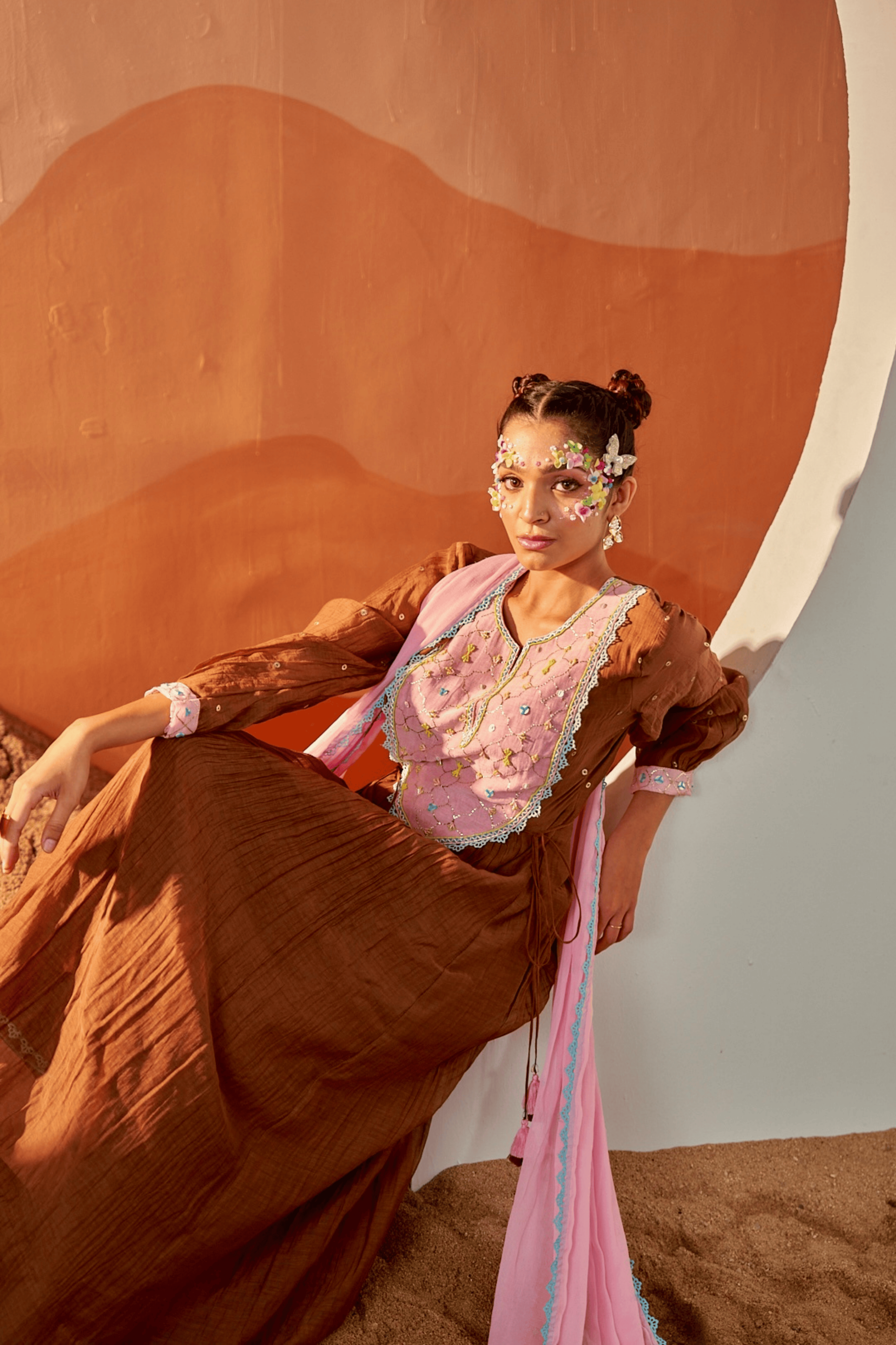 Rosewood - Brown Anarkali Set with Blush Pink Hand Embroidered Patch