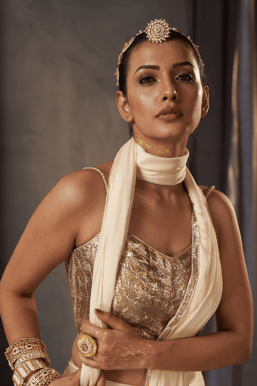 Akira - Ivory Palazzo Set with Fixed Drape and Gota Patti Detailing