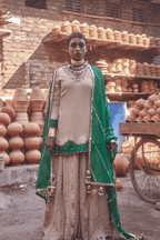 Zubaida- Light Gold Palazzo Set with Green Hand Embroidered Ikat Scallops