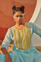 Desert Rain - Aqua Blue Kaftan Set with Yellow Hand Embroidered Patch