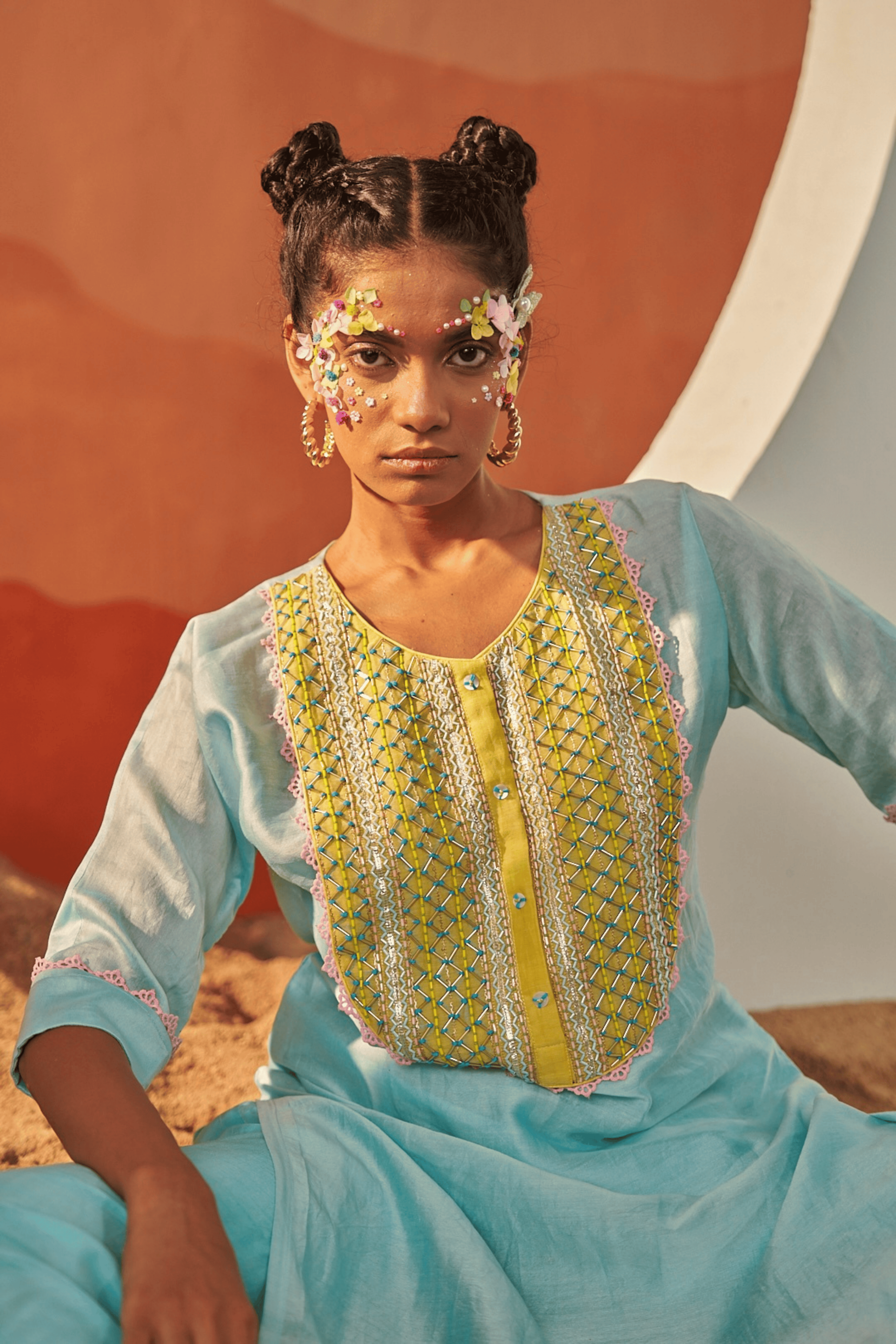 Desert Rain - Aqua Blue Kaftan Set with Yellow Hand Embroidered Patch