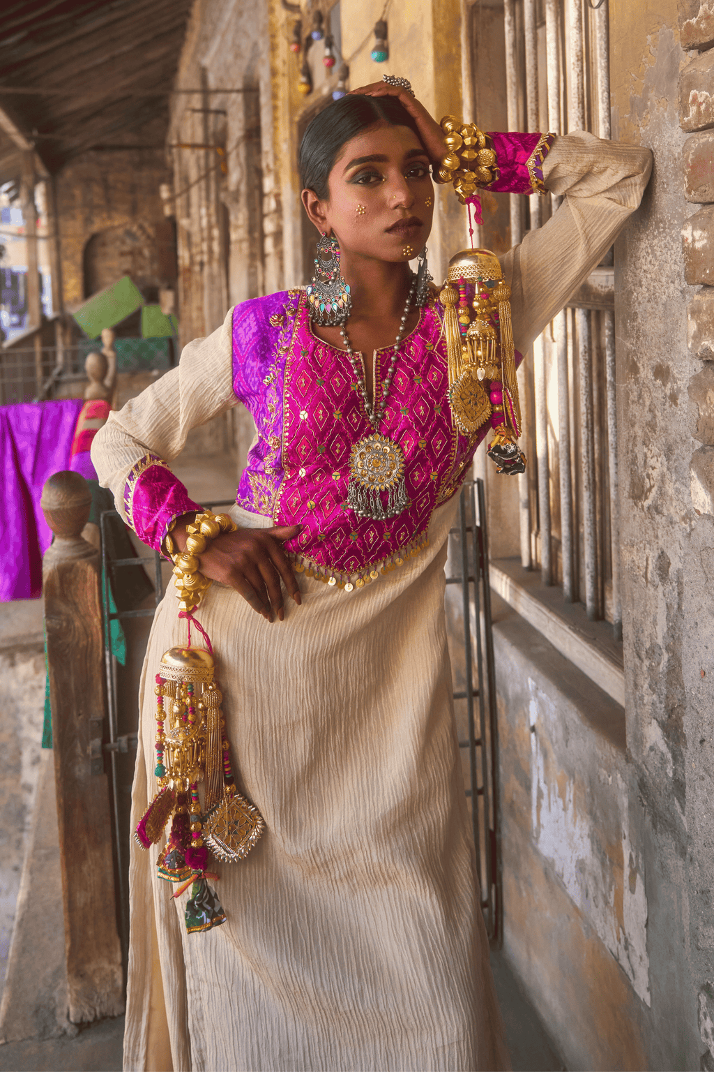 Soraya - Light Gold Kurta Set with Pink Hand-Embroidered Ikat Patch