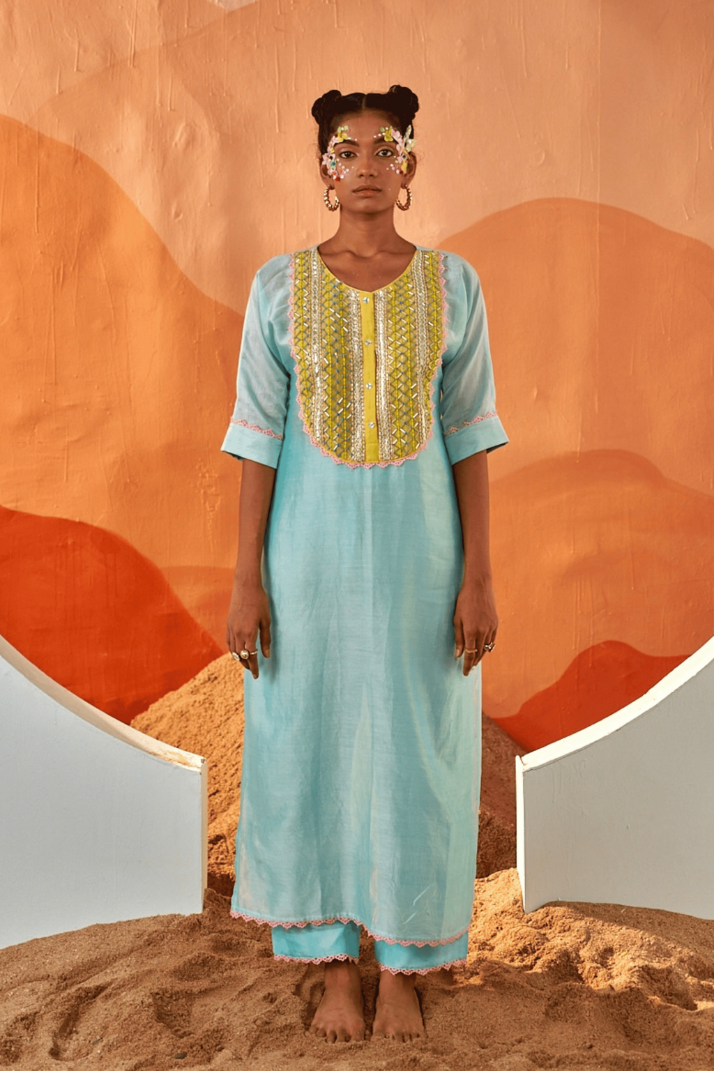 Desert Rain - Aqua Blue Kaftan Set with Yellow Hand Embroidered Patch