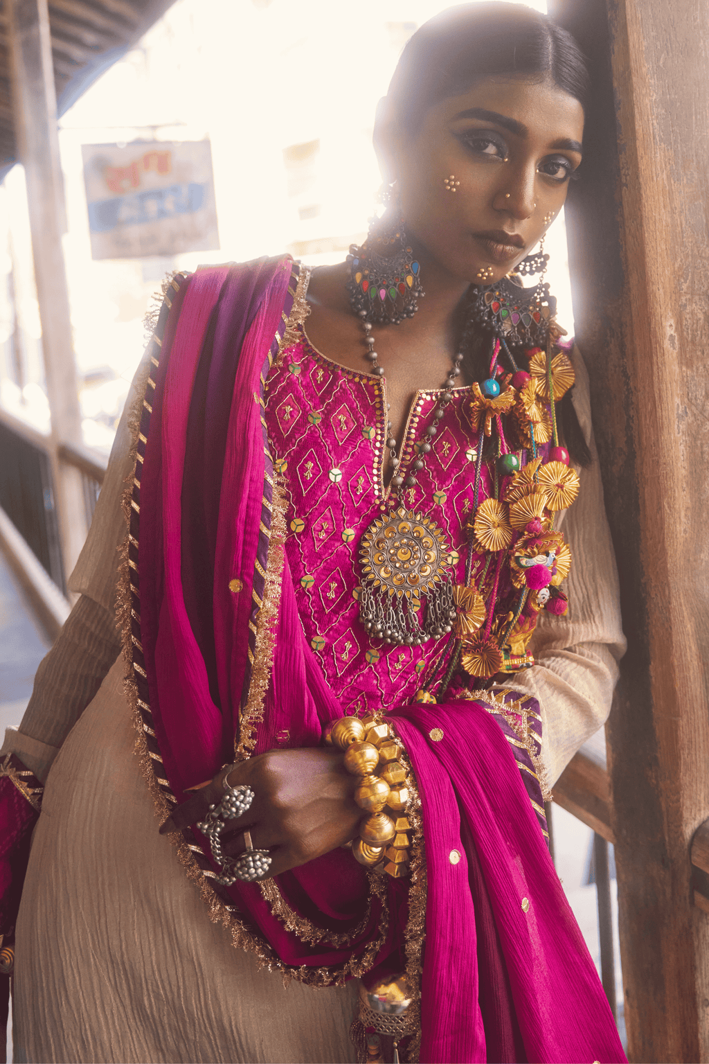 Soraya - Light Gold Kurta Set with Pink Hand-Embroidered Ikat Patch