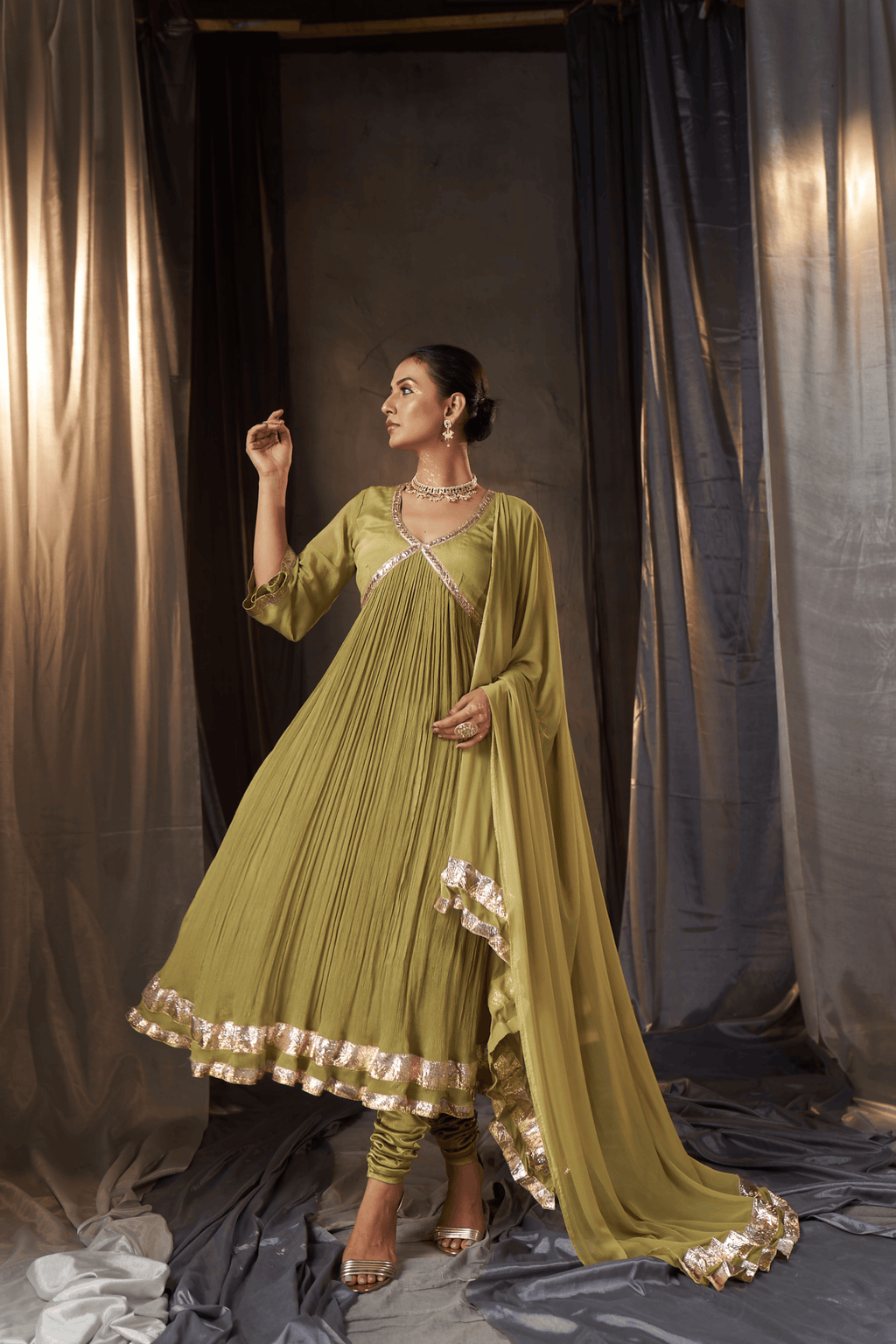 Misha - Olive Green Anarkali Set with Gota Patti Detailing