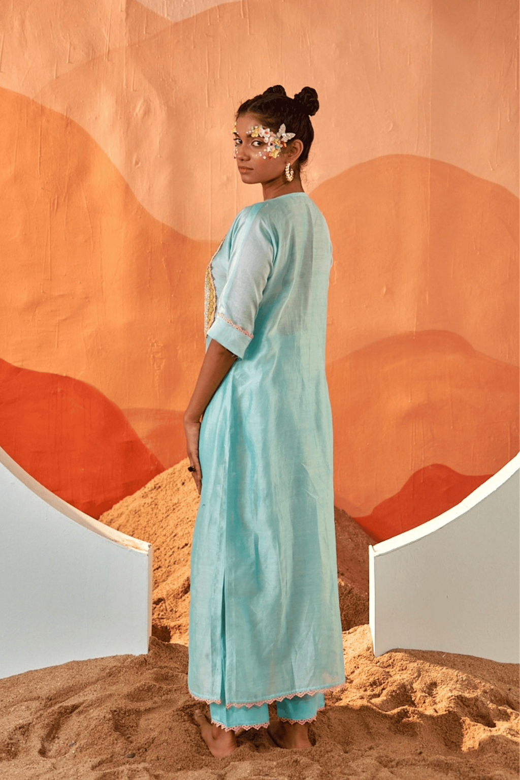 Desert Rain - Aqua Blue Kaftan Set with Yellow Hand Embroidered Patch