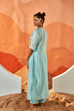 Desert Rain - Aqua Blue Kaftan Set with Yellow Hand Embroidered Patch