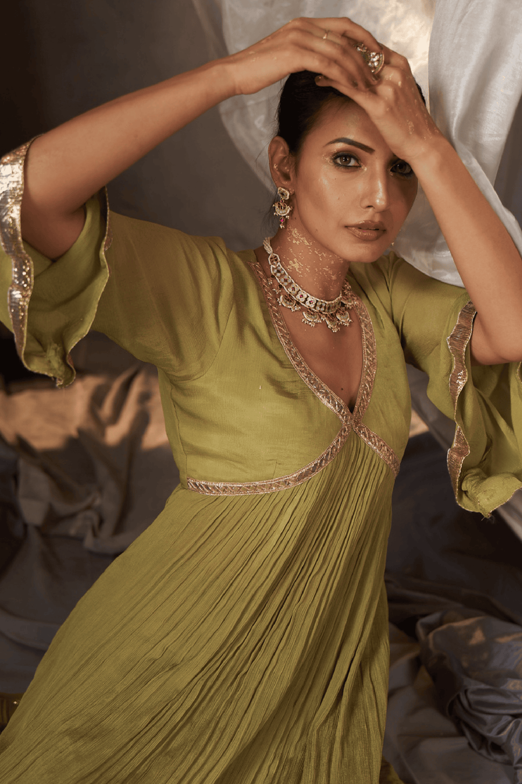 Misha - Olive Green Anarkali Set with Gota Patti Detailing