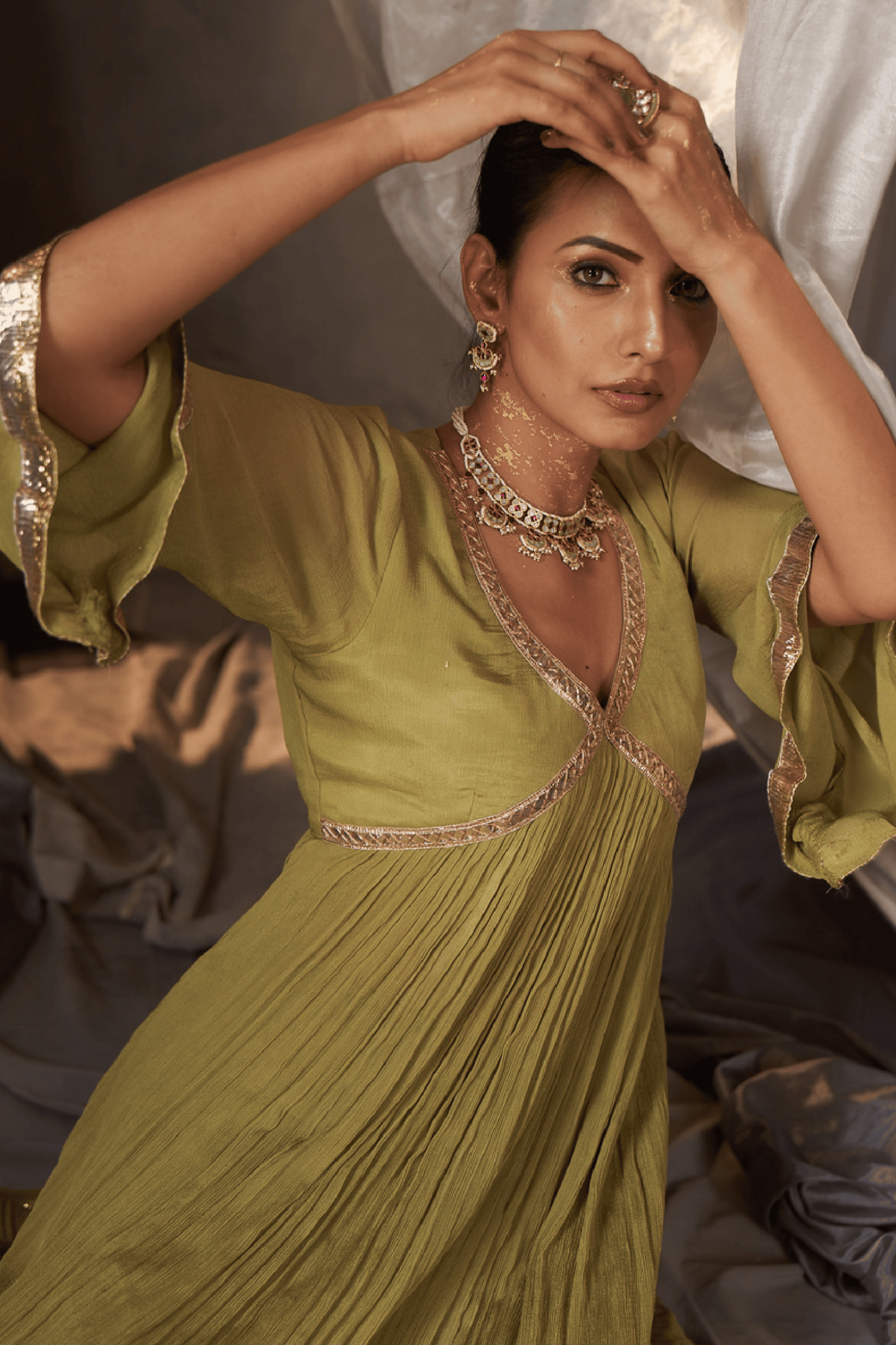 Misha - Olive Green Anarkali Set with Gota Patti Detailing