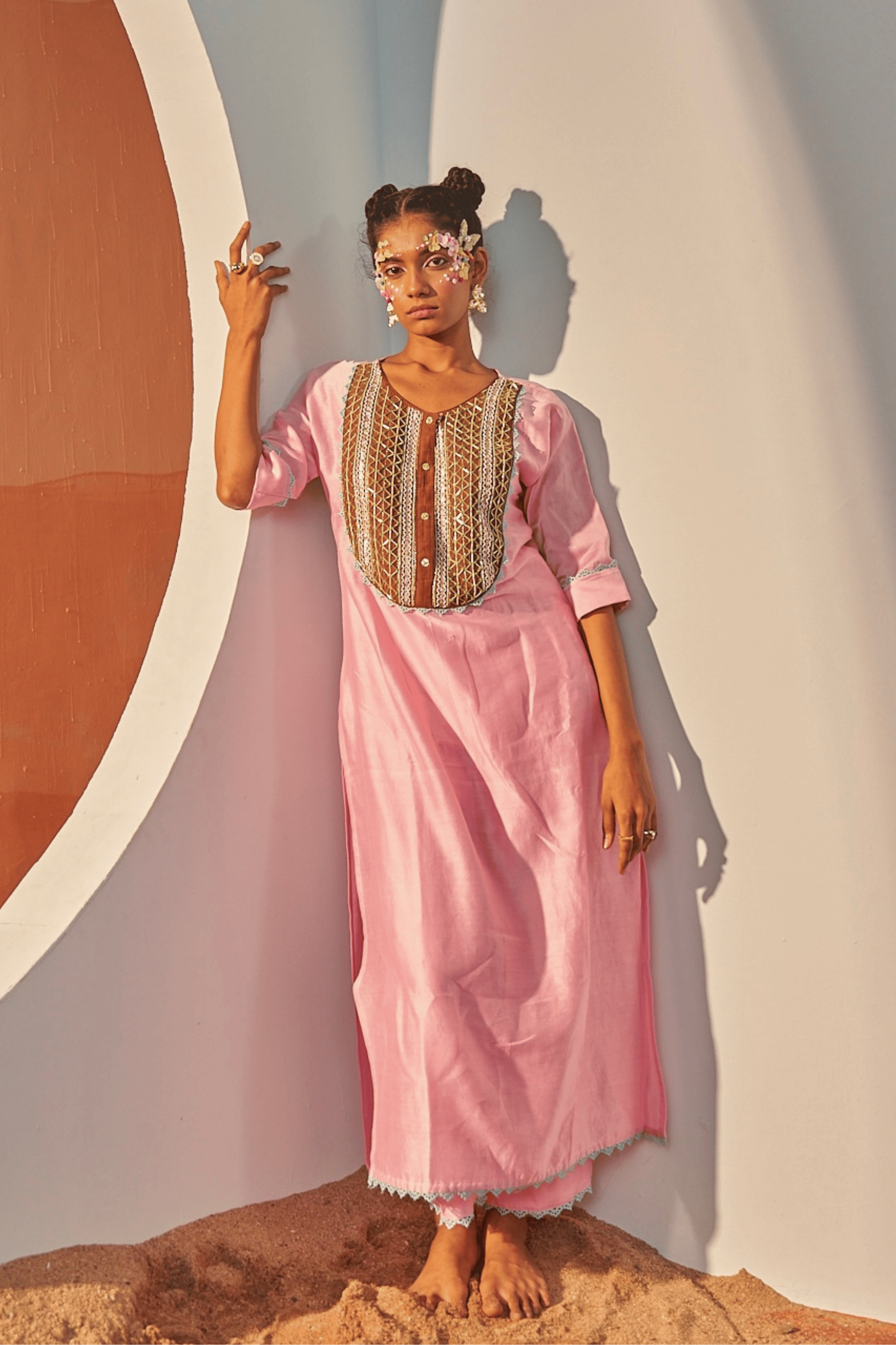 Pink Smoke - Blush Pink Kaftan Set with Brown Hand Embroidered Patch