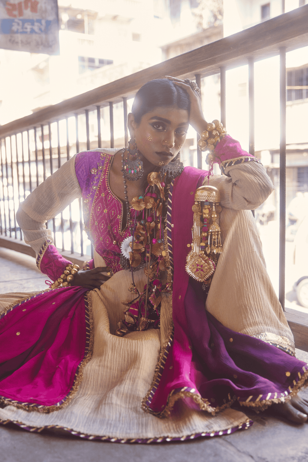 Soraya - Light Gold Kurta Set with Pink Hand-Embroidered Ikat Patch
