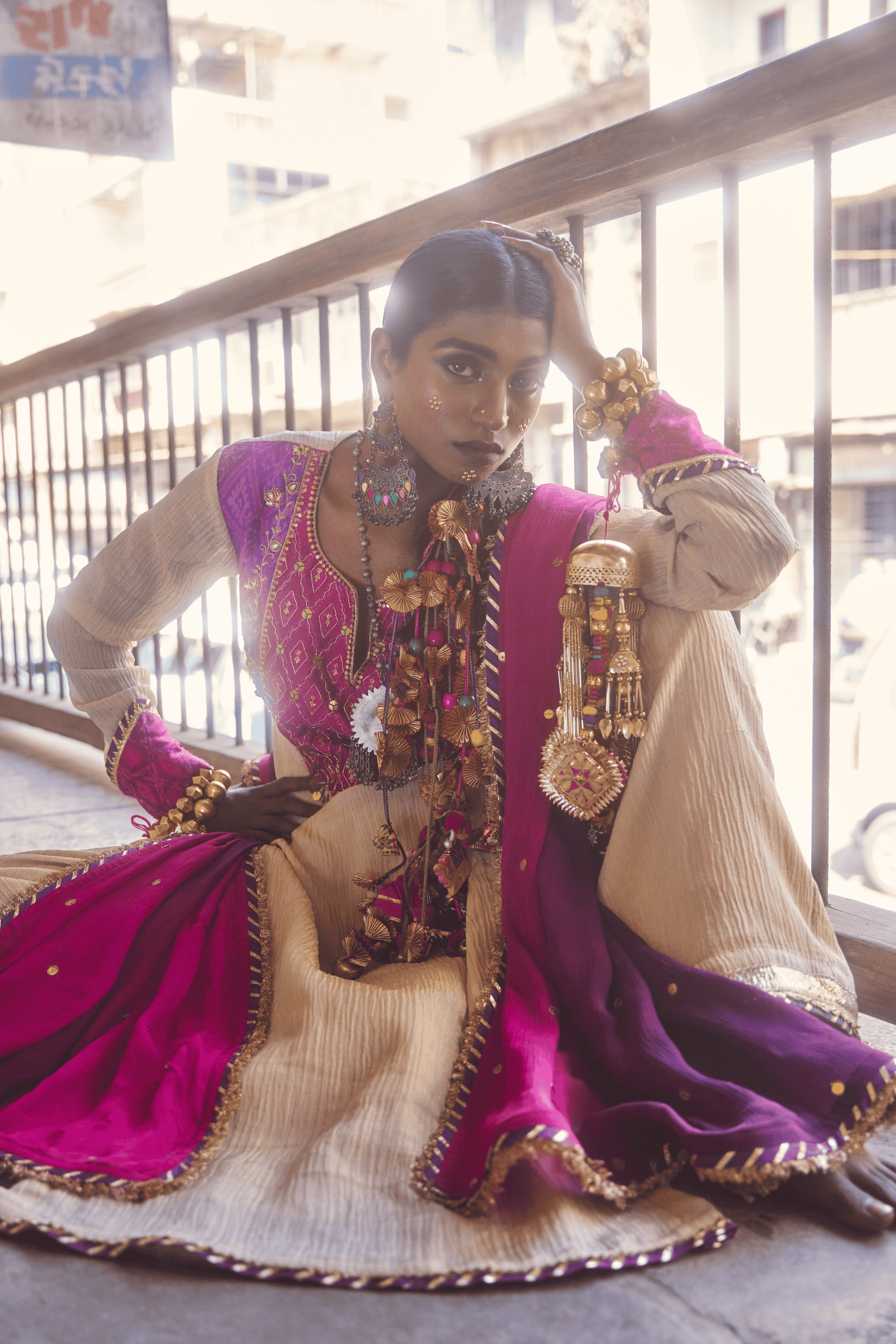Soraya - Light Gold Kurta Set with Pink Hand-Embroidered Ikat Patch