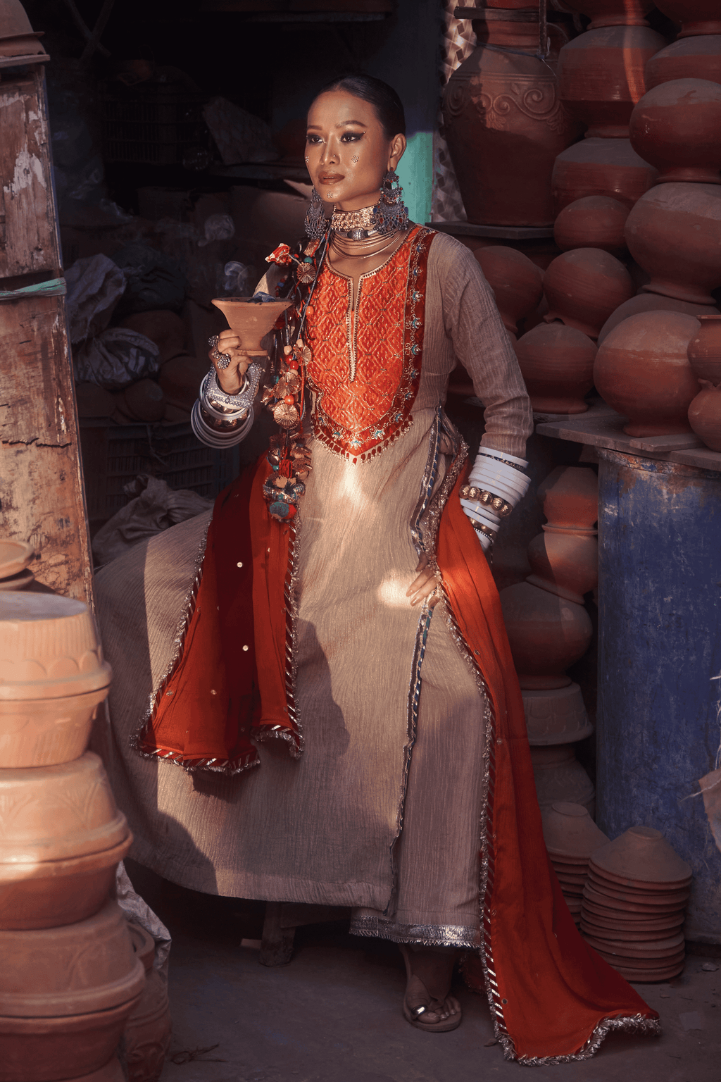 Noor - Rose Gold Kurta Set with Orange Hand Embroidered Ikat Patch
