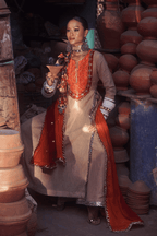 Noor - Rose Gold Kurta Set with Orange Hand Embroidered Ikat Patch