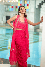 Arshia - Hot Pink Hand Embroidered Drape Skirt Set with Cape