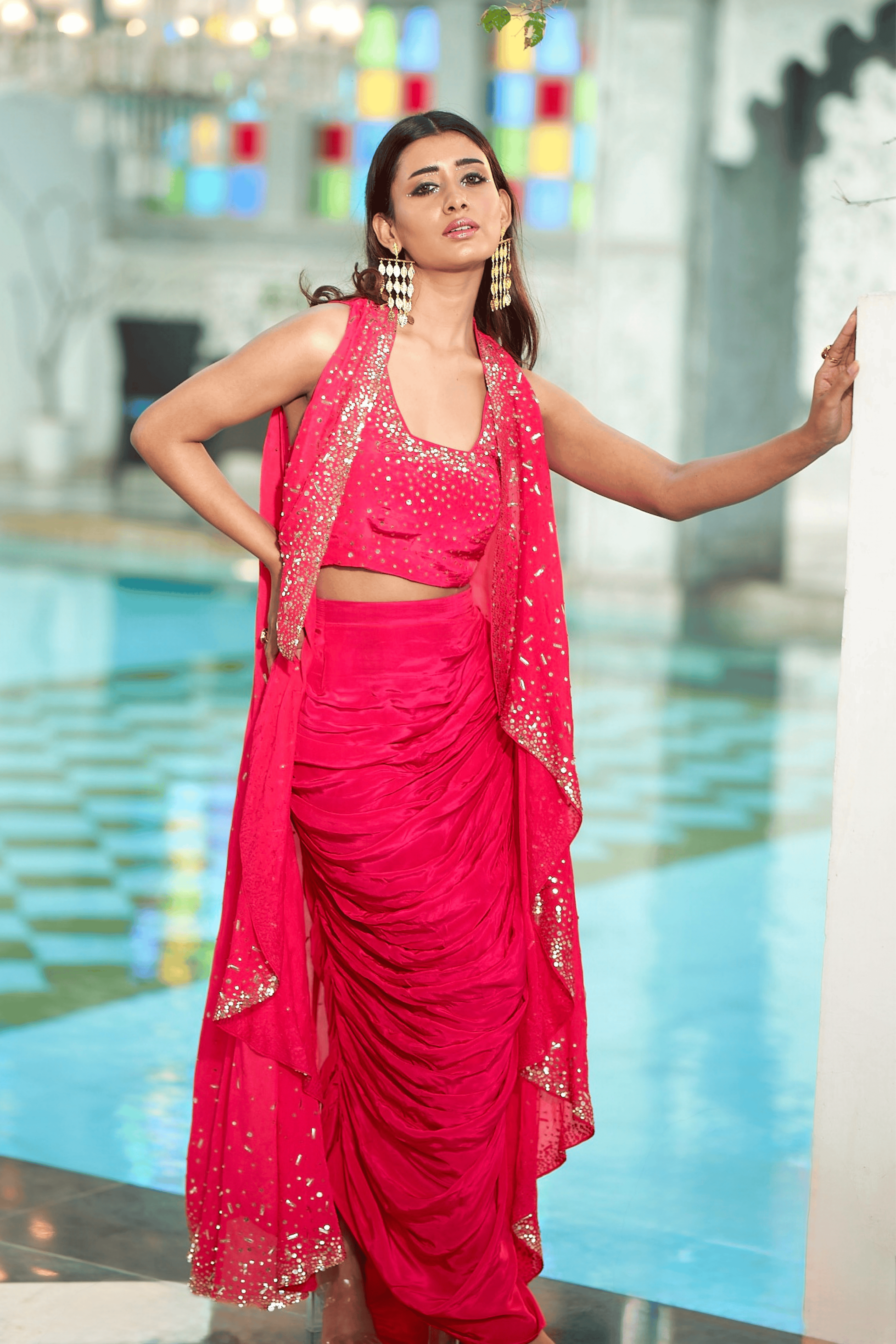 Arshia - Hot Pink Hand Embroidered Drape Skirt Set with Cape