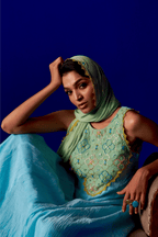 Quiet Spring - Aqua Blue Anarkali Set with Mint Green Hand Embroidered Patch