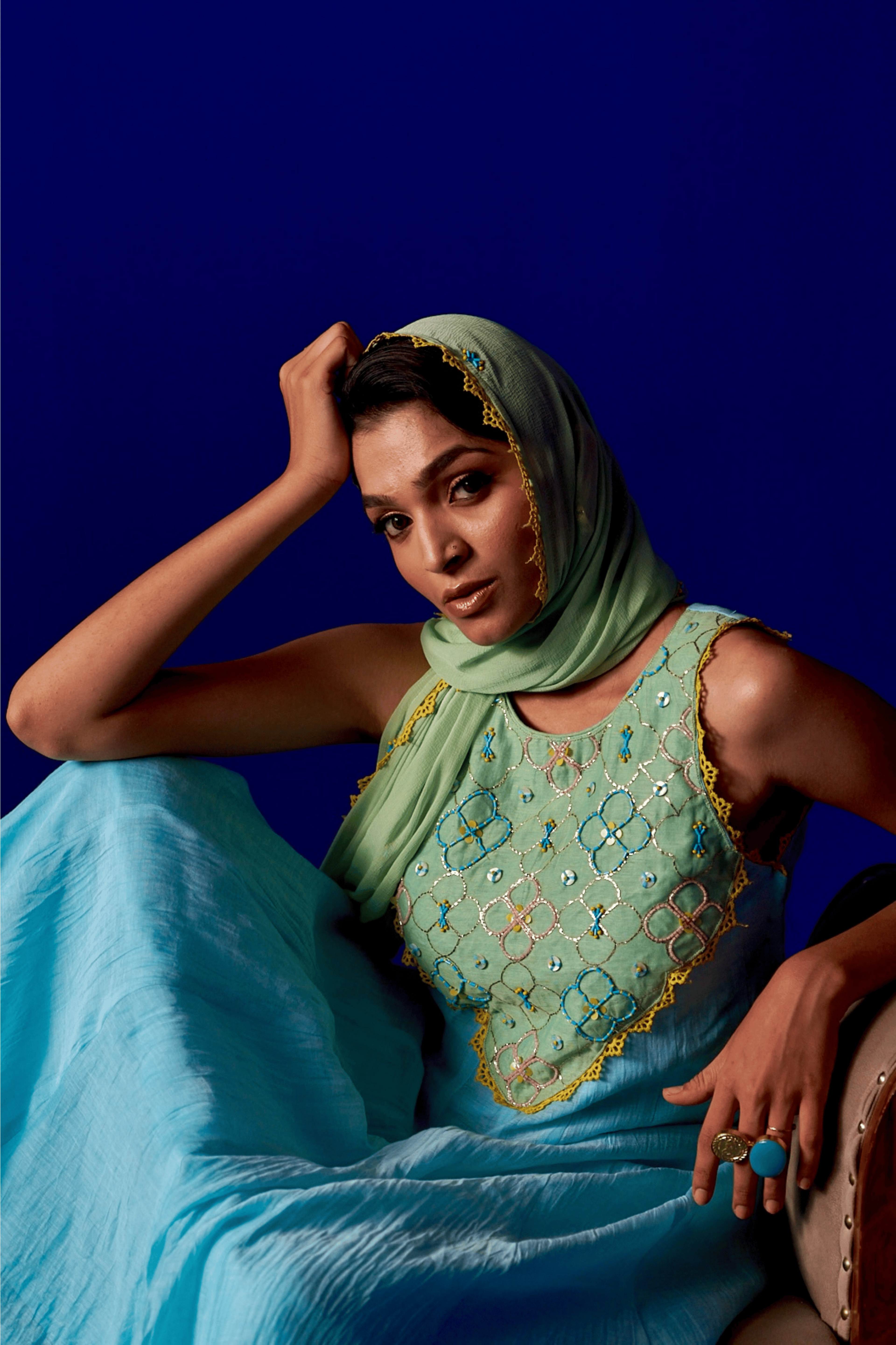 Quiet Spring - Aqua Blue Anarkali Set with Mint Green Hand Embroidered Patch