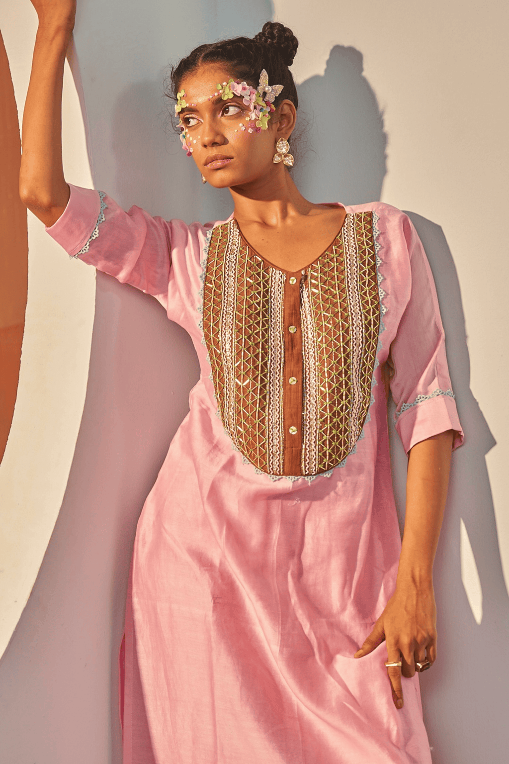 Pink Smoke - Blush Pink Kaftan Set with Brown Hand Embroidered Patch