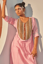 Pink Smoke - Blush Pink Kaftan Set with Brown Hand Embroidered Patch