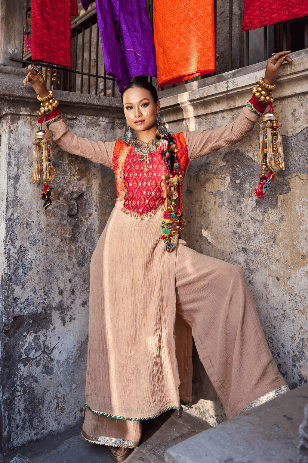 Soraya- Rose Gold Kurta Set with Red Hand Embroidered Ikat Patch