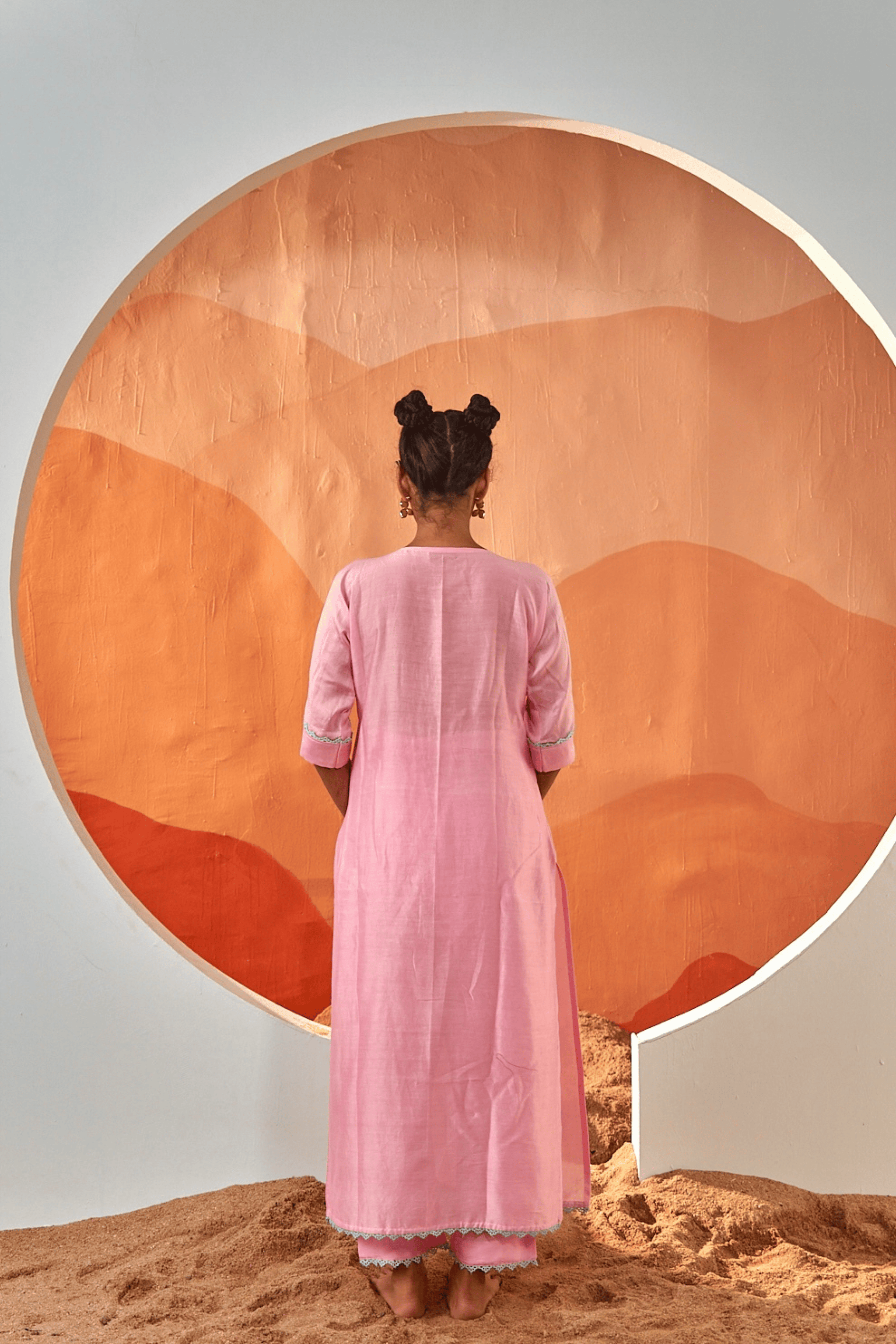 Pink Smoke - Blush Pink Kaftan Set with Brown Hand Embroidered Patch