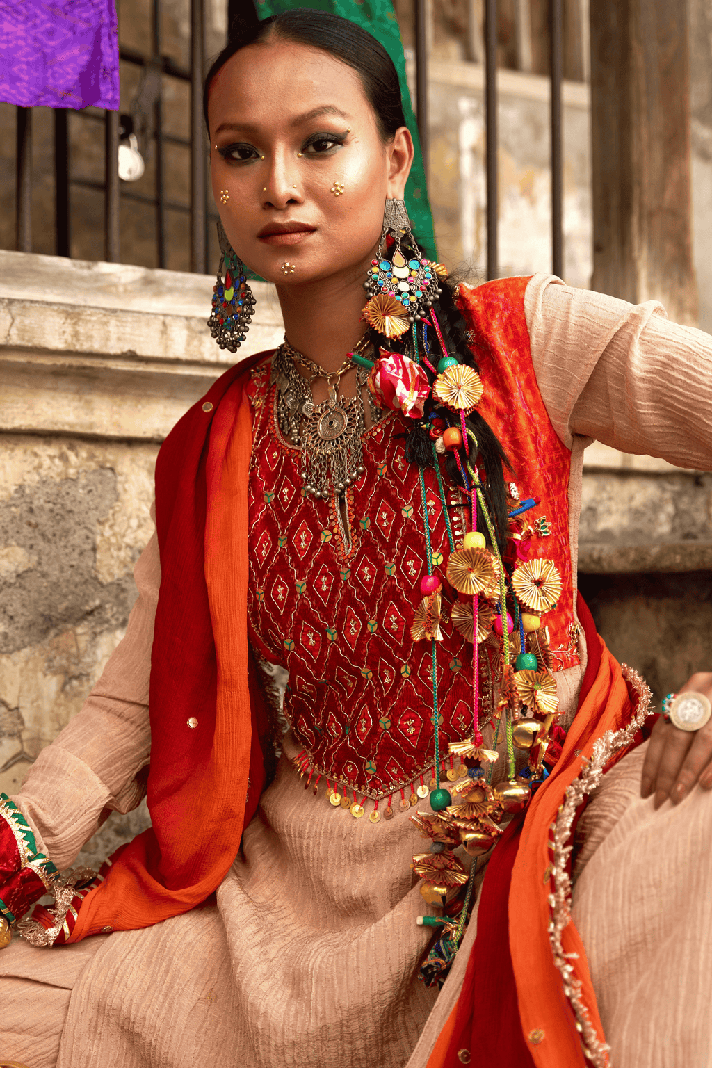 Soraya- Rose Gold Kurta Set with Red Hand Embroidered Ikat Patch