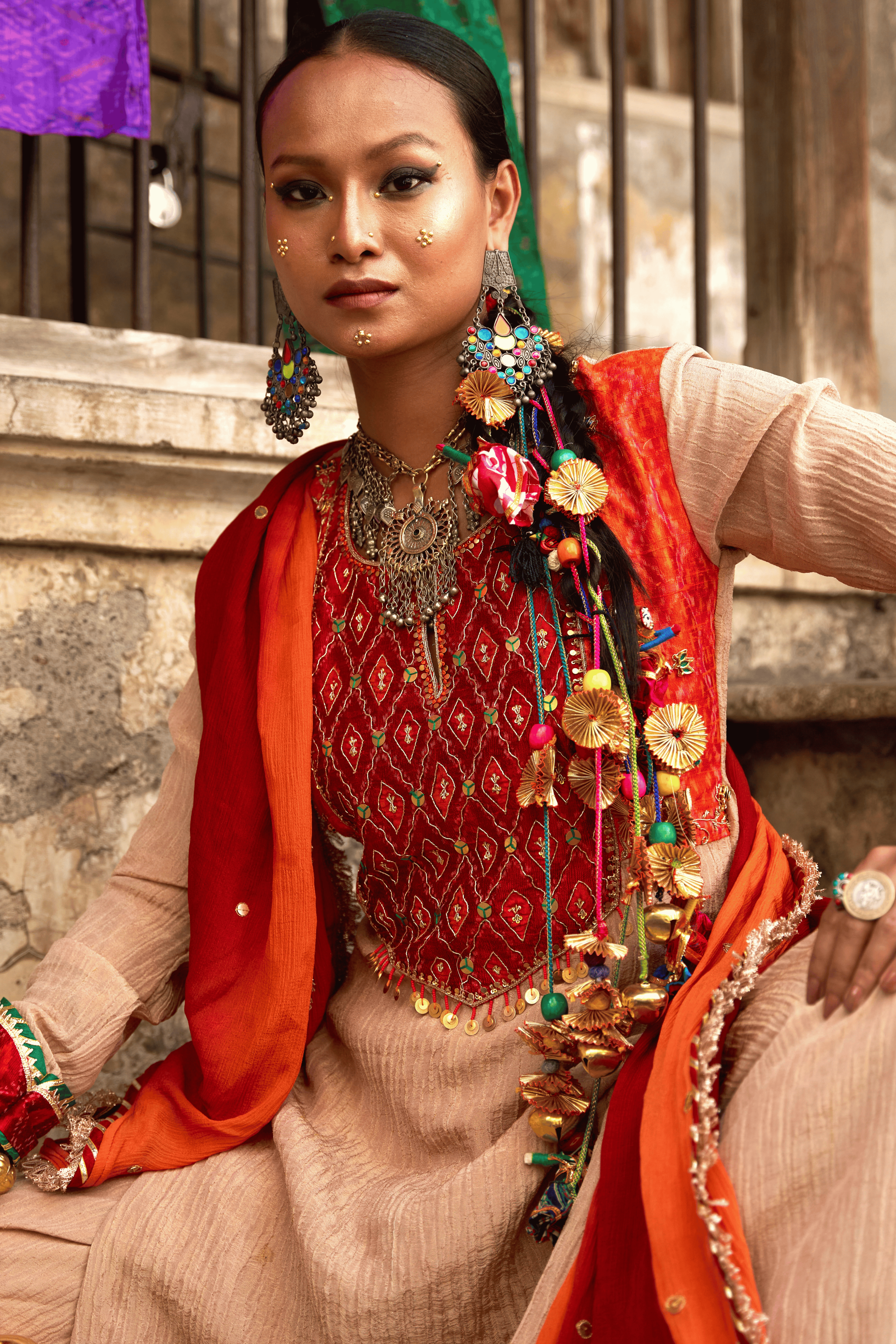 Soraya- Rose Gold Kurta Set with Red Hand Embroidered Ikat Patch
