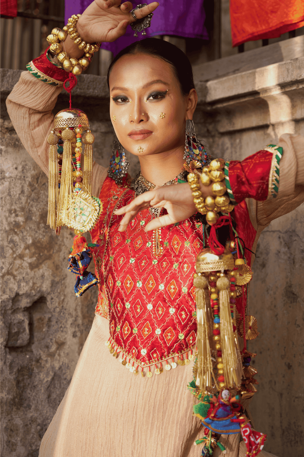 Soraya- Rose Gold Kurta Set with Red Hand Embroidered Ikat Patch