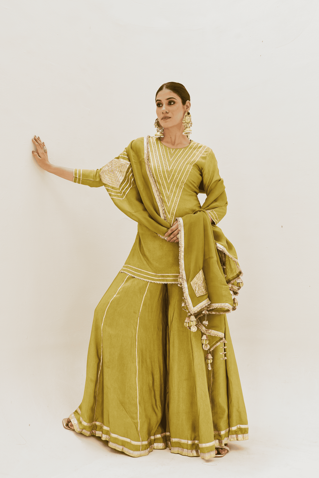 Tasneem - Olive Green Palazzo Set with Gota Patti Detailing