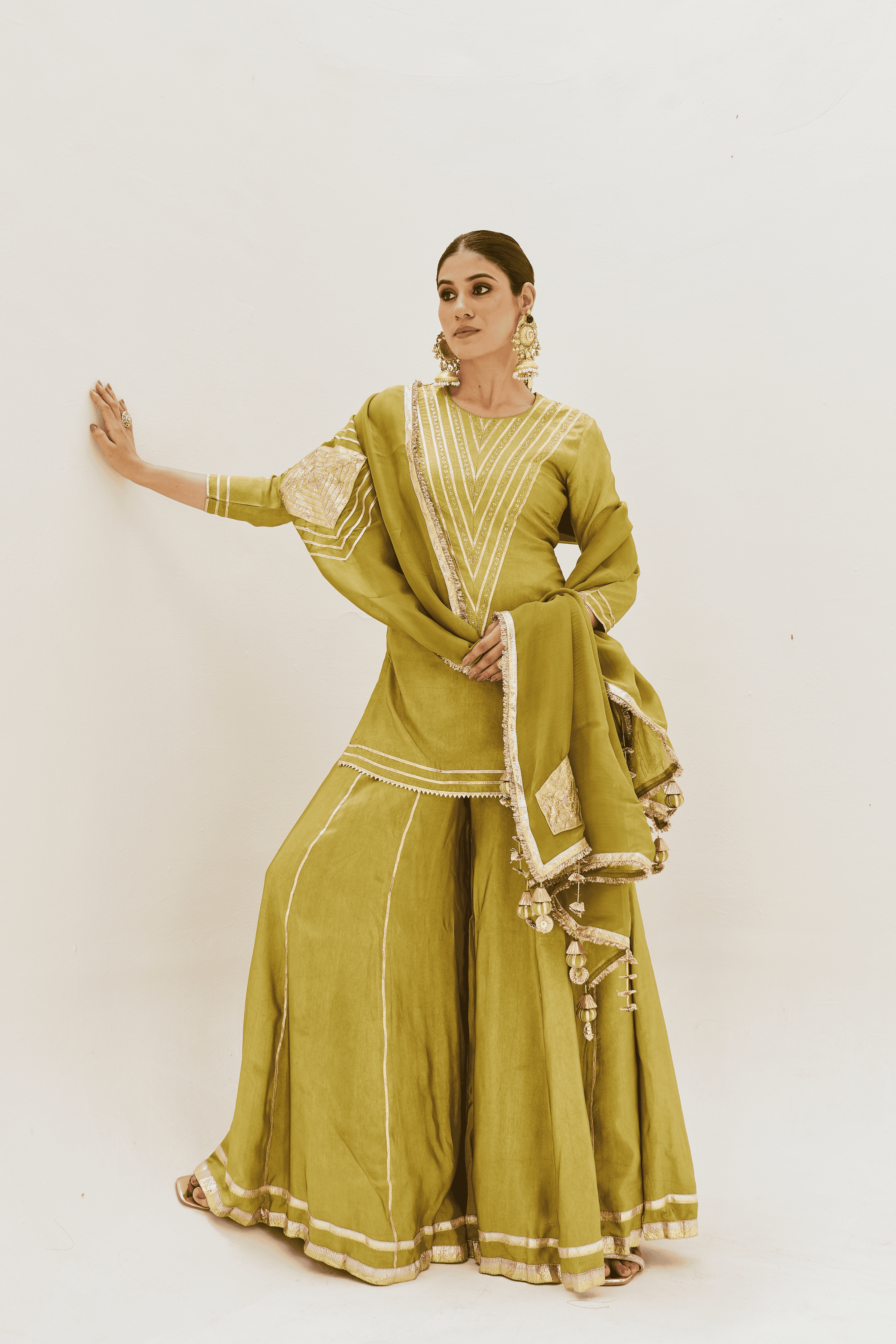 Tasneem - Olive Green Palazzo Set with Gota Patti Detailing