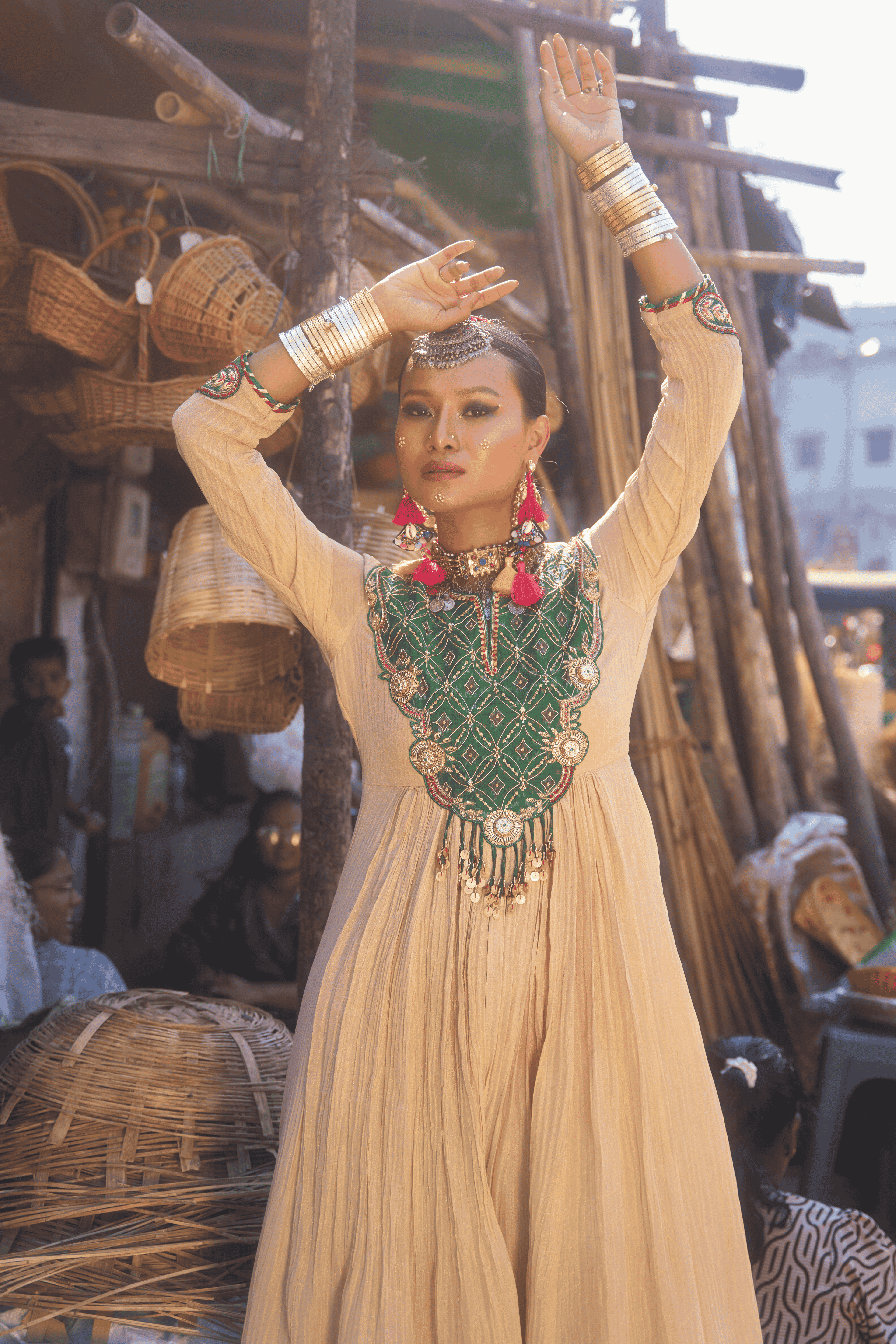 Mallika - Rose Gold Anarkali Set with Green Hand Embroidered Ikat Patch