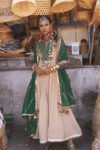Mallika - Rose Gold Anarkali Set with Green Hand Embroidered Ikat Patch