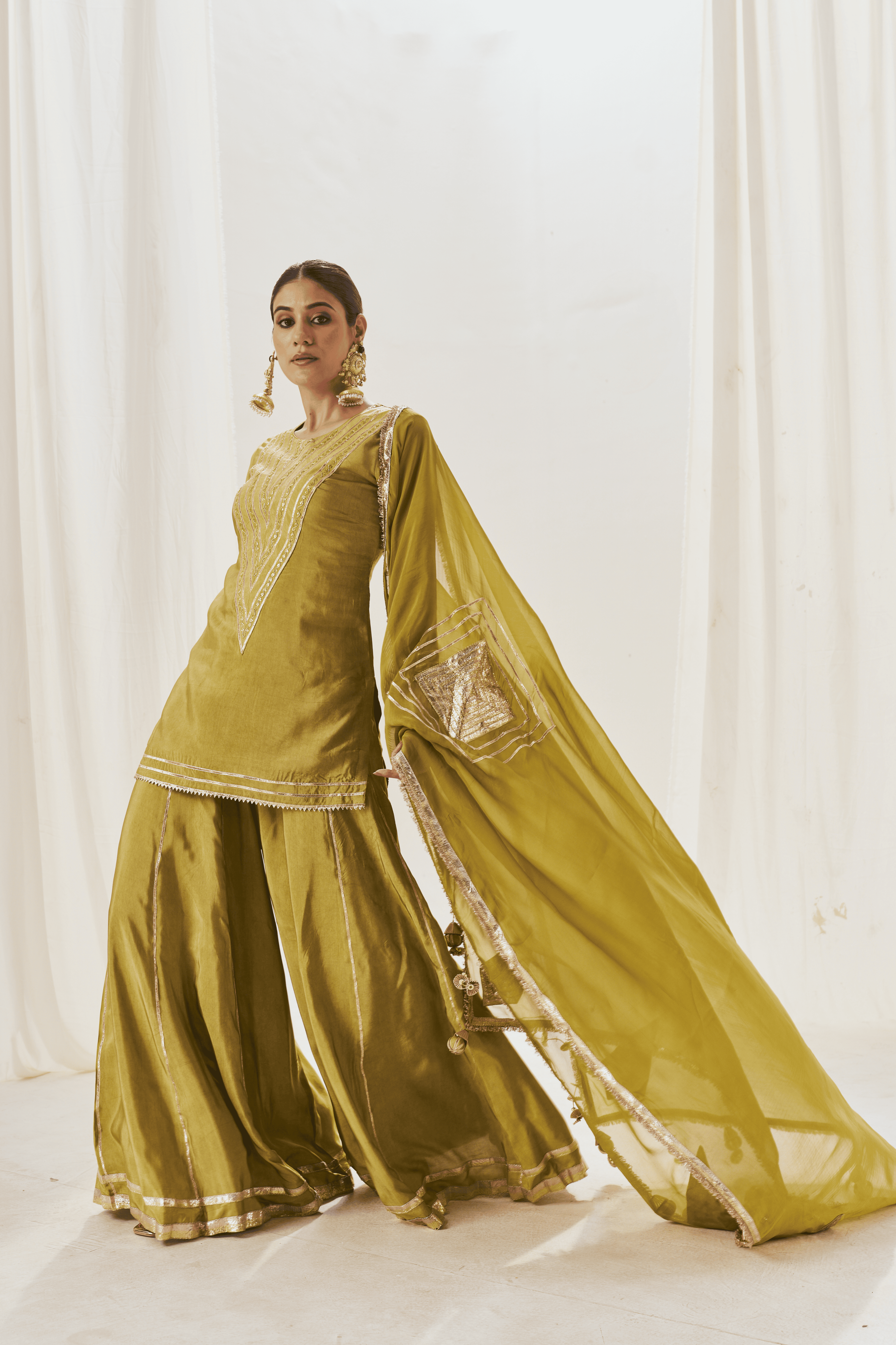 Tasneem - Olive Green Palazzo Set with Gota Patti Detailing