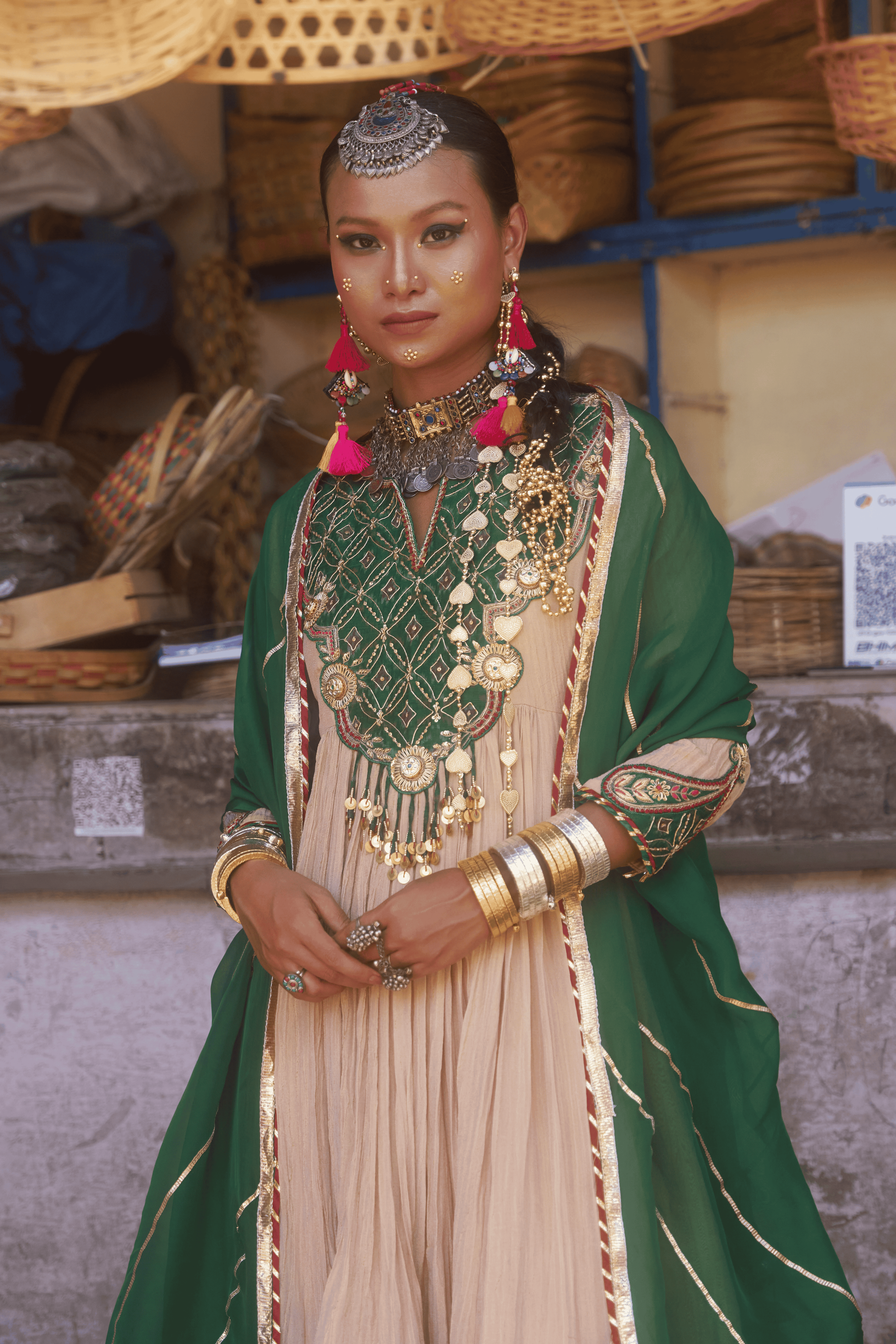 Mallika - Rose Gold Anarkali Set with Green Hand Embroidered Ikat Patch
