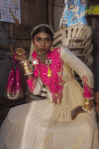 Mallika - Light Gold Anarkali Set with Pink Hand Embroidered Ikat Patch